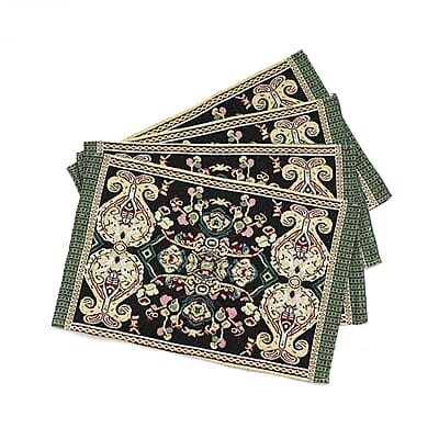 Set of 5 Black with Multi Color Vintage Art Printed Jacquard Placemats and Table Runner