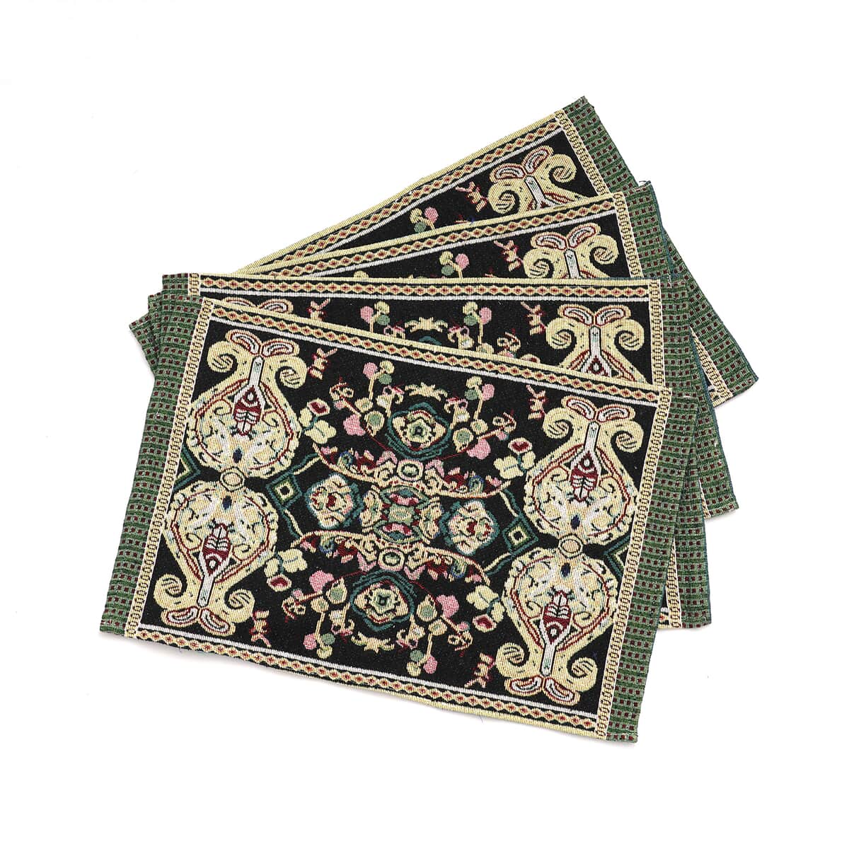 Set of 5 Black with Multi Color Vintage Art Printed Jacquard Placemats and Table Runner image number 4