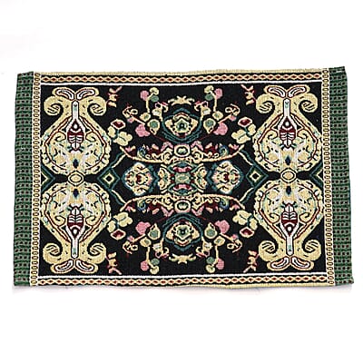 Set of 5 Black with Multi Color Vintage Art Printed Jacquard Placemats and Table Runner