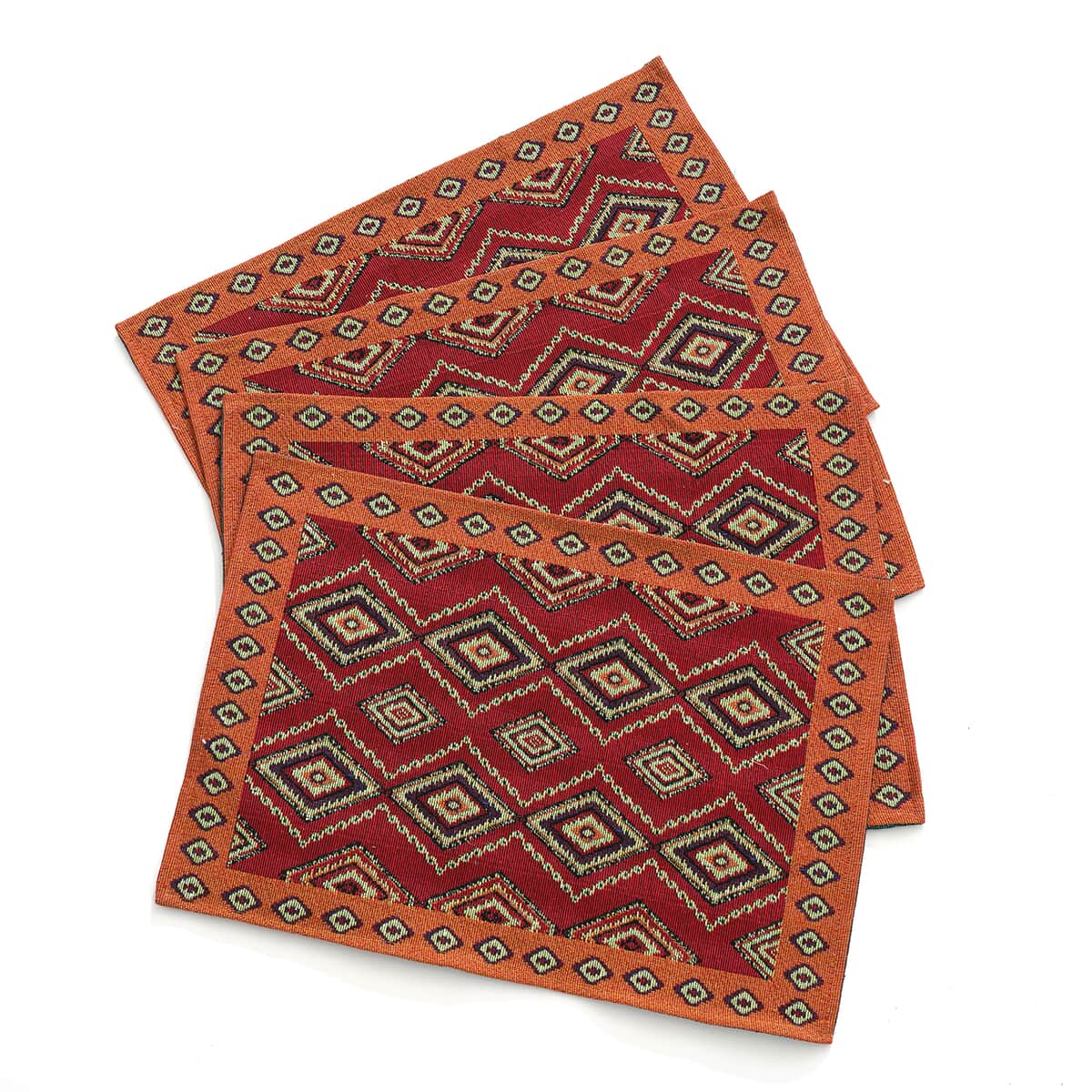 Set of 5 Red with Multi Color Decorative Geo Printed Jacquard Placemats and Table Runner image number 4
