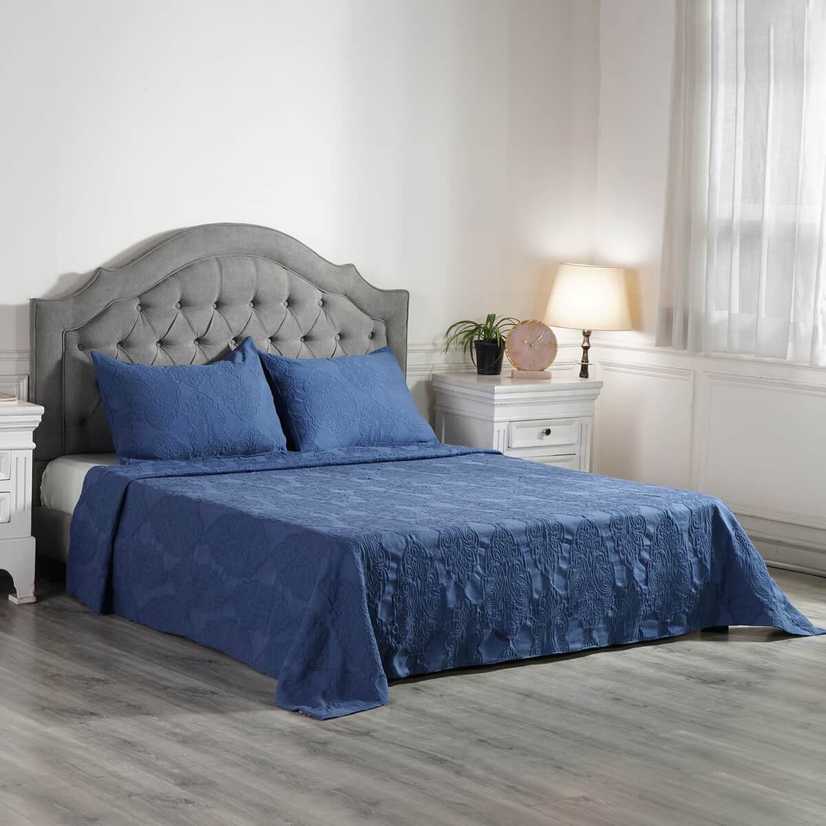 SYMPHONY HOME Blue Quilted Matelasse Cotton Bedspread and 2 Pillowcases - Queen image number 0