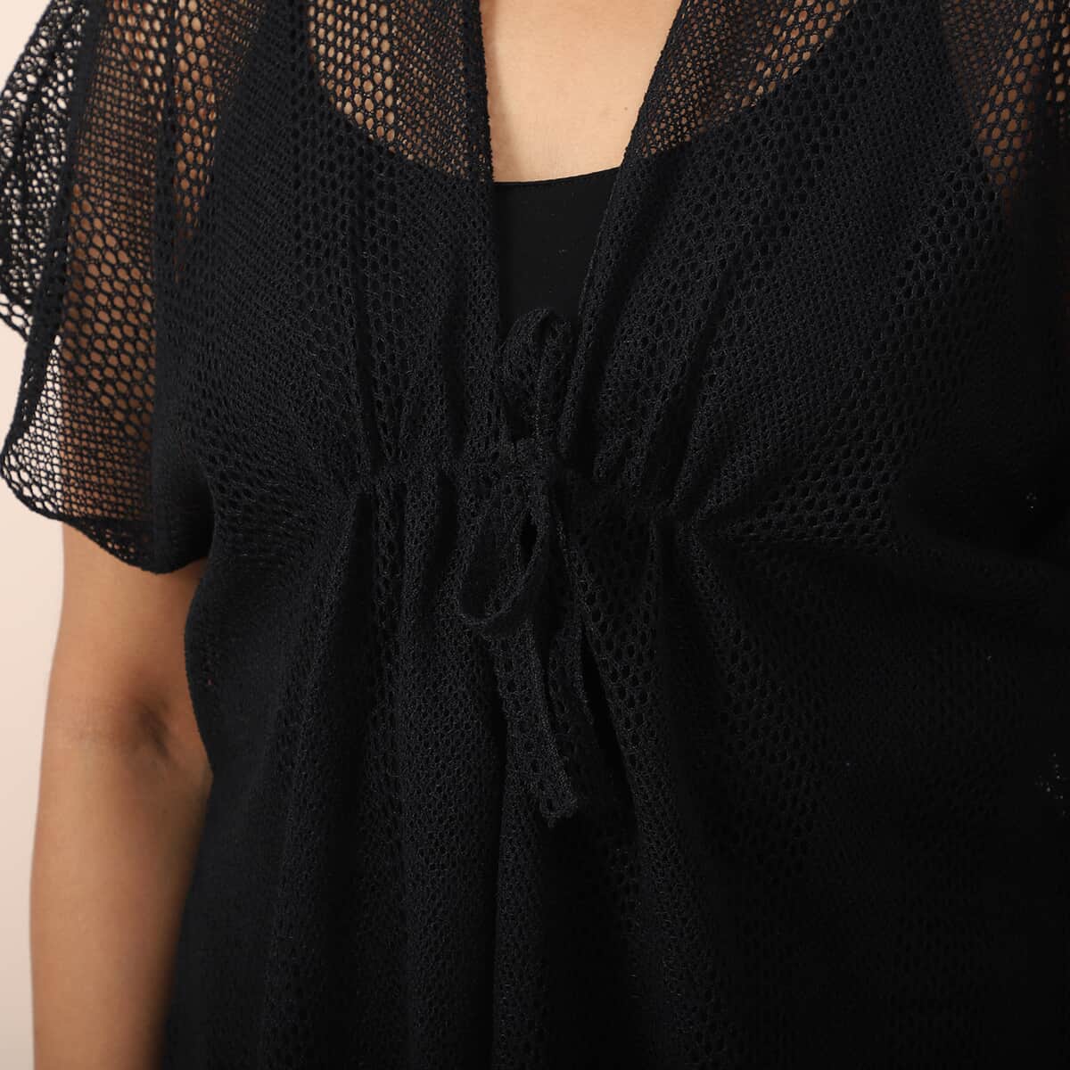 JOVIE Black Mesh Lurex Kimono Cover-up with Drawstring Tie image number 3