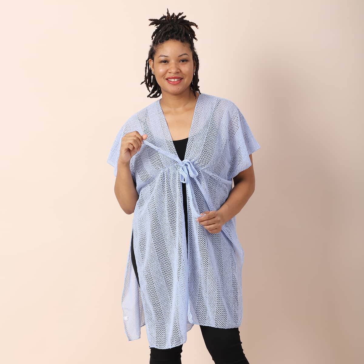 Jovie Sky Blue Mesh Lurex Kimono Cover-up with Drawstring Tie , Mesh Kimono , Women Kimono , Drawstring Kimono , Open front Kimono image number 0