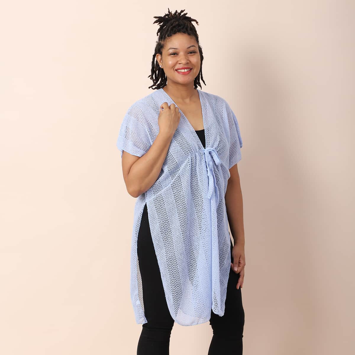 Jovie Sky Blue Mesh Lurex Kimono Cover-up with Drawstring Tie , Mesh Kimono , Women Kimono , Drawstring Kimono , Open front Kimono image number 2