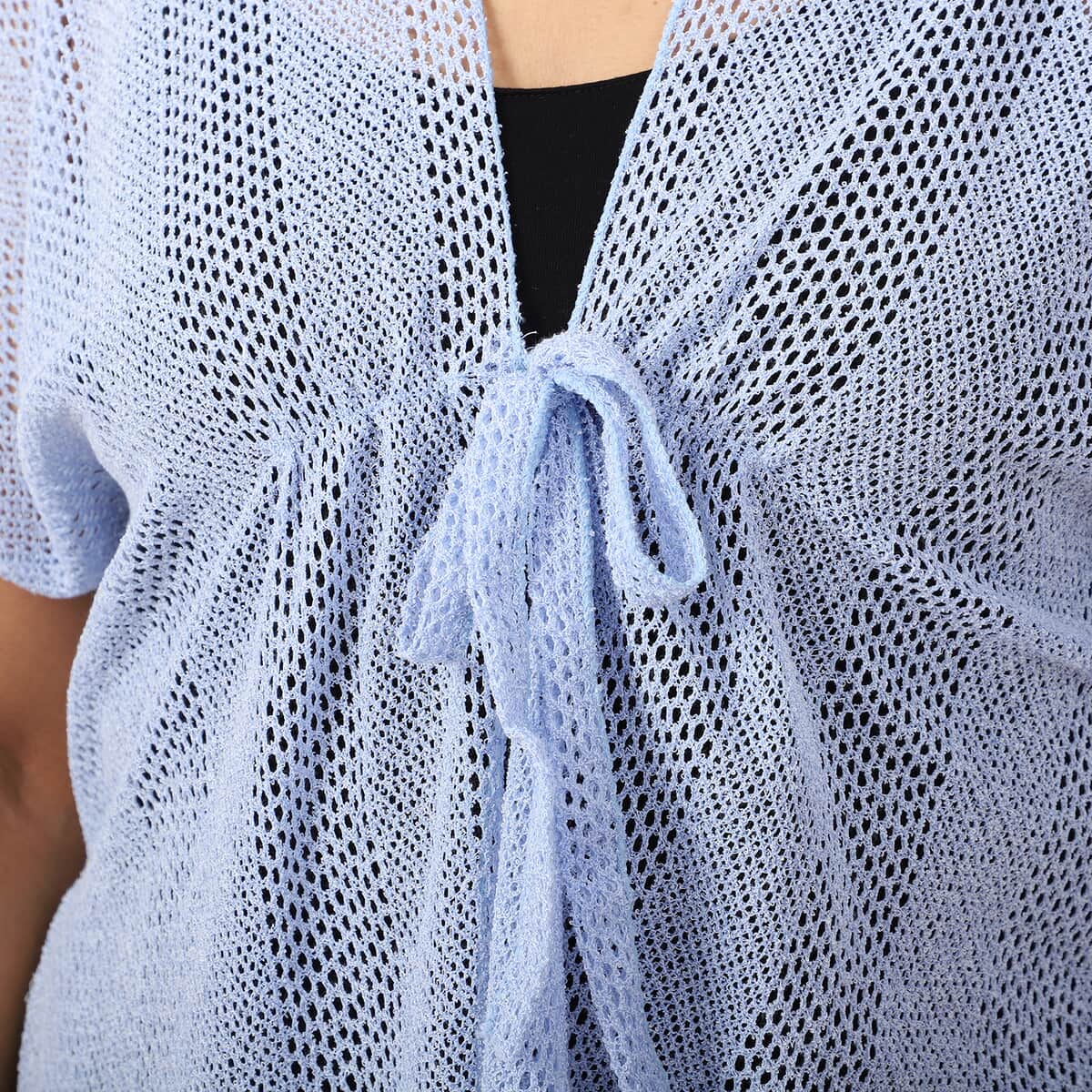 Jovie Sky Blue Mesh Lurex Kimono Cover-up with Drawstring Tie , Mesh Kimono , Women Kimono , Drawstring Kimono , Open front Kimono image number 3