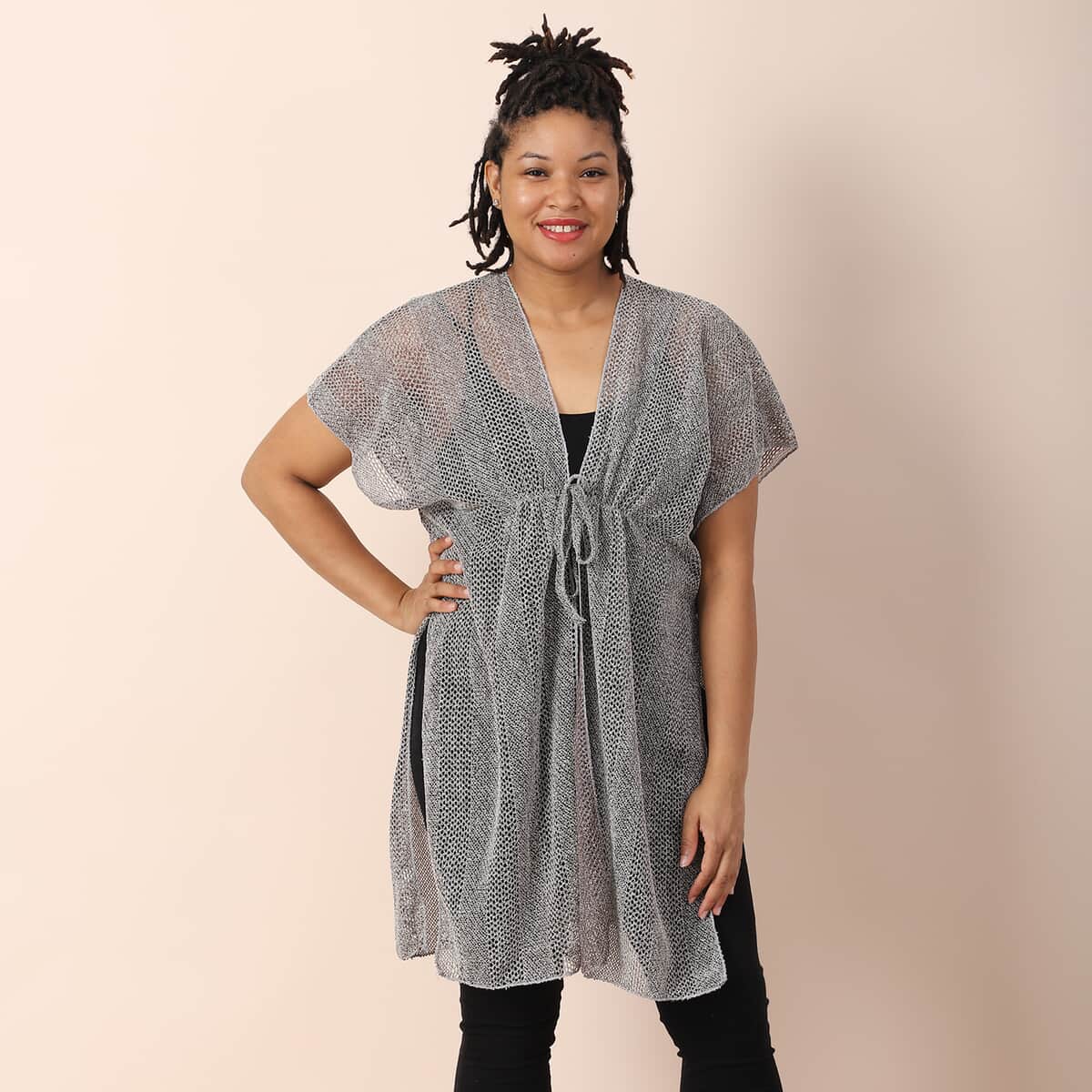 Jovie Taupe Mesh Lurex Kimono Cover-up with Drawstring Tie , Mesh Kimono , Women Kimono , Drawstring Kimono , Open front Kimono image number 0