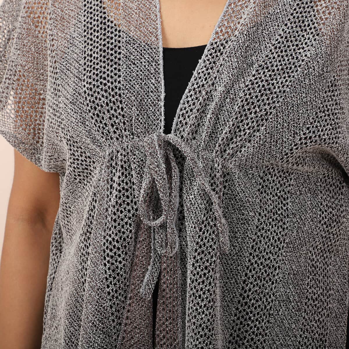 Jovie Taupe Mesh Lurex Kimono Cover-up with Drawstring Tie , Mesh Kimono , Women Kimono , Drawstring Kimono , Open front Kimono image number 3