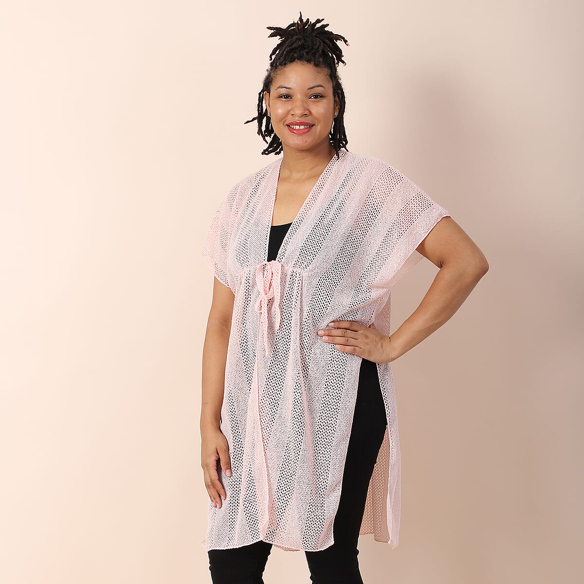 Jovie Blush Pink Mesh Lurex Kimono Cover-up with Drawstring Tie , Mesh Kimono , Women Kimono , Drawstring Kimono , Open front Kimono image number 0