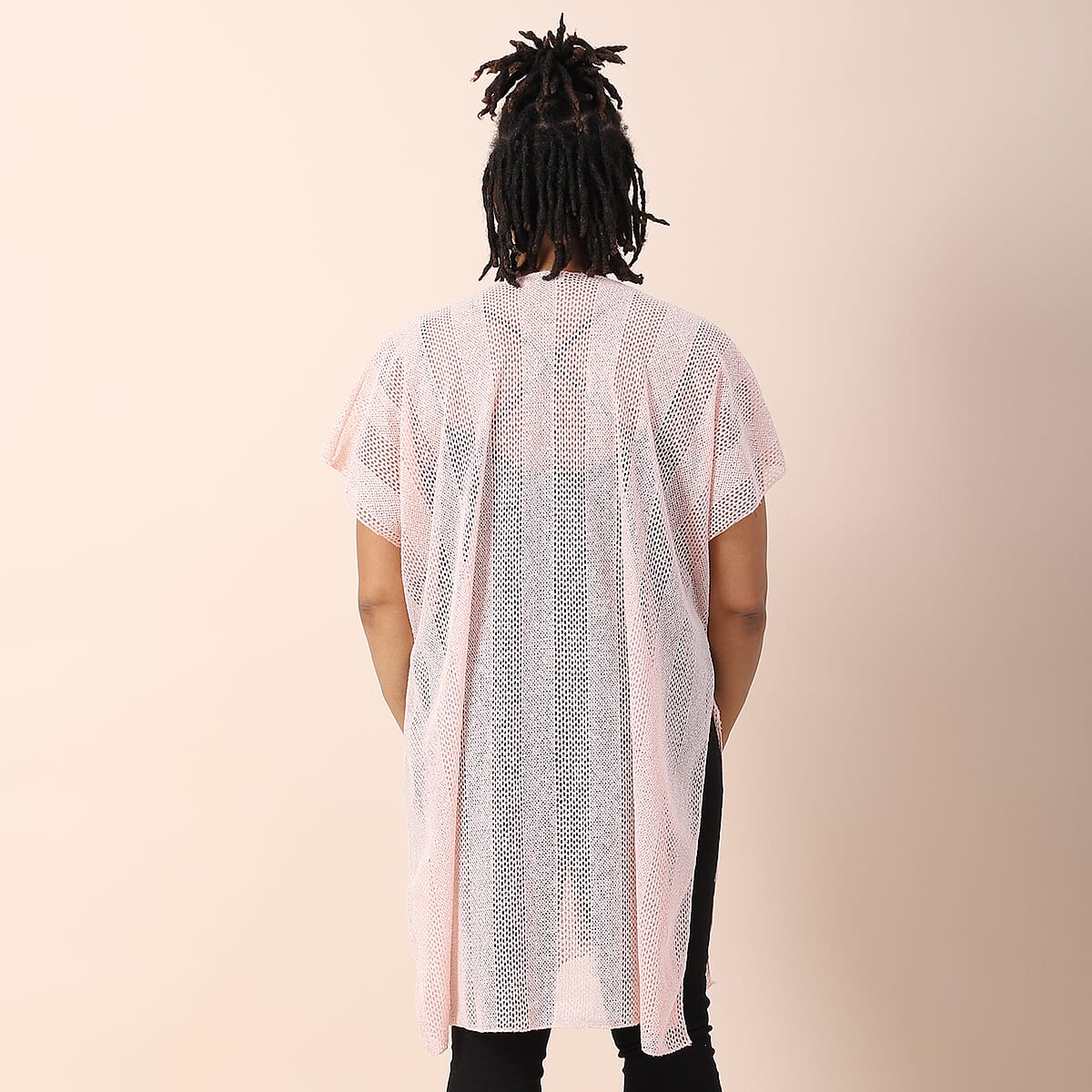 Jovie Blush Pink Mesh Lurex Kimono Cover-up with Drawstring Tie , Mesh Kimono , Women Kimono , Drawstring Kimono , Open front Kimono image number 1
