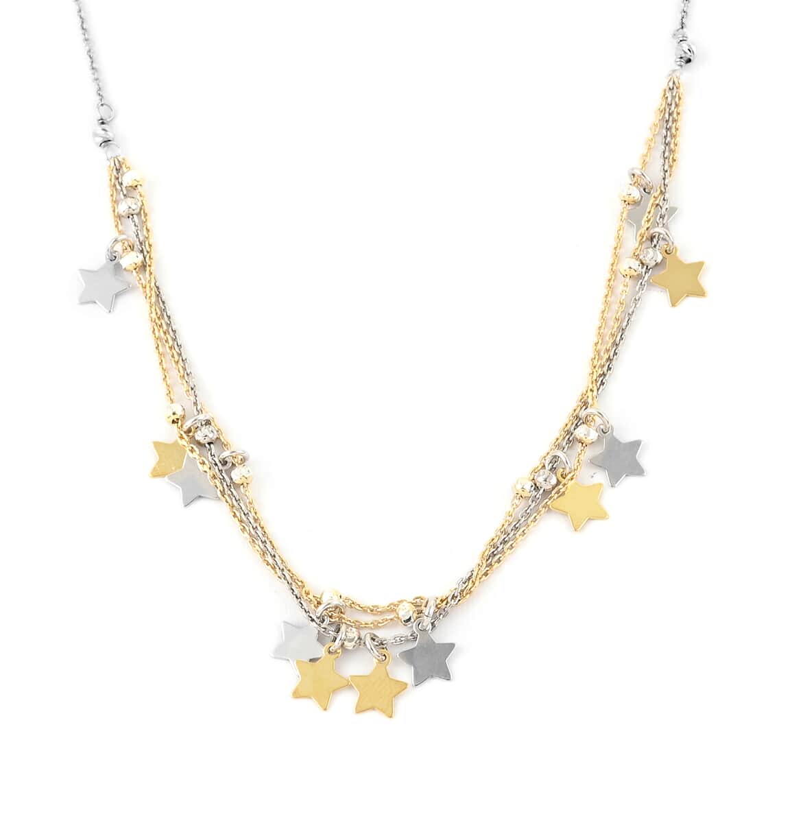 Silver and Gold Celestial Star Charms and Diamond Cut Beaded Draped Layered Necklace (16 Inches) in 14K YG Over and Sterling Silver 4.50 Grams image number 0