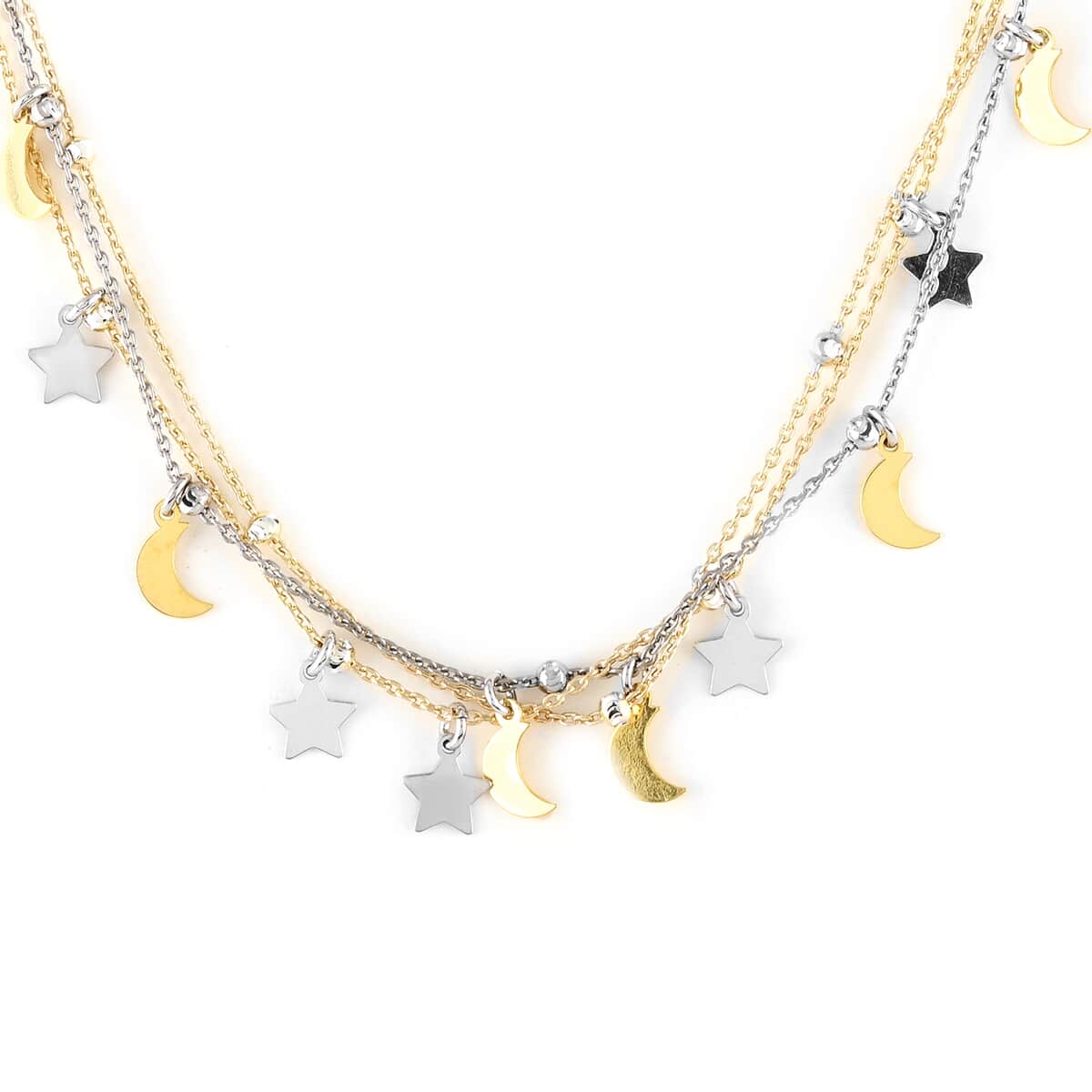 Silver and Gold Celestial Star and Moon Charms and Beaded Draped Layered Necklace 16 Inches in 14K Yellow Gold Over and Sterling Silver 4.50 Grams image number 0
