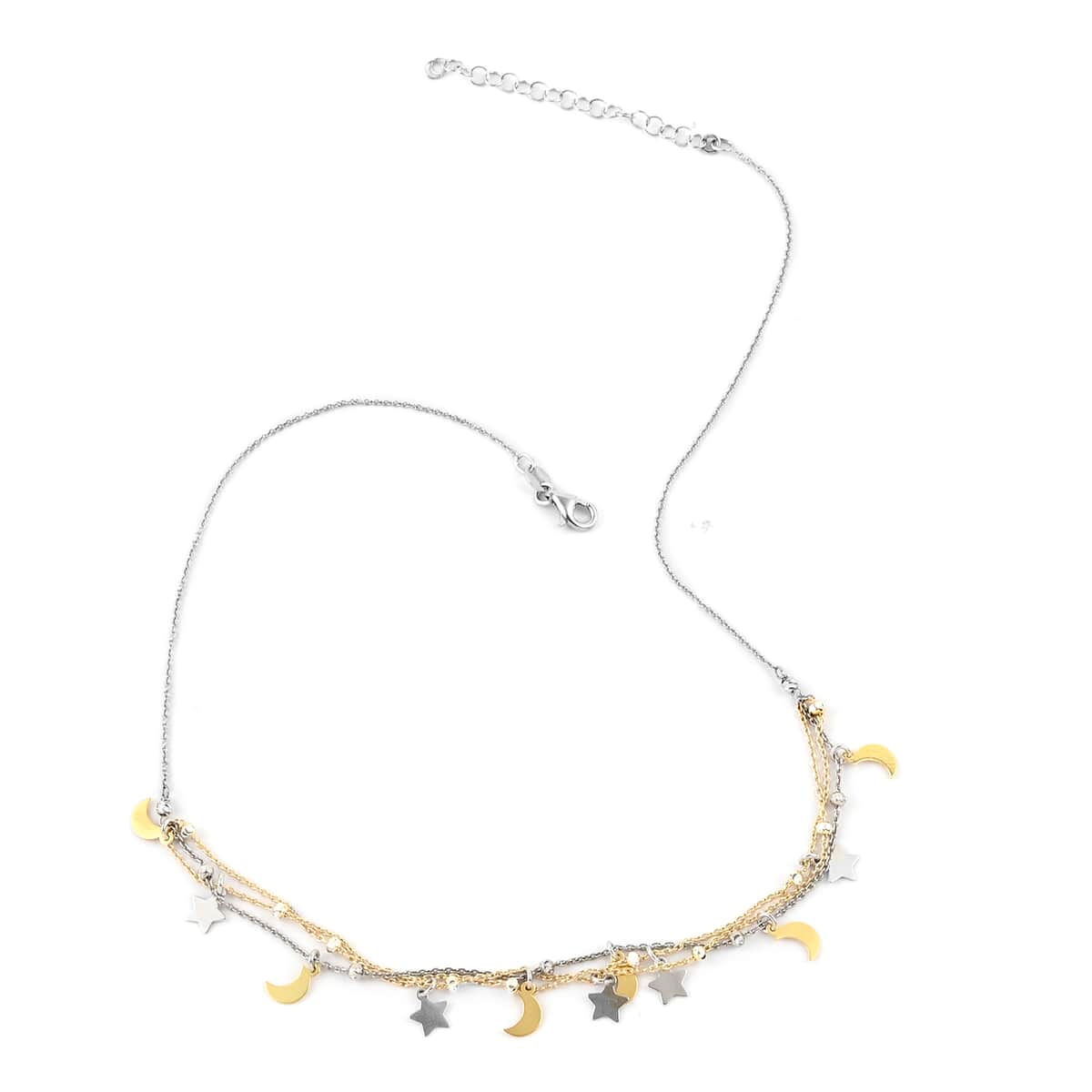 Silver and Gold Celestial Star and Moon Charms and Beaded Draped Layered Necklace 16 Inches in 14K Yellow Gold Over and Sterling Silver 4.50 Grams image number 1