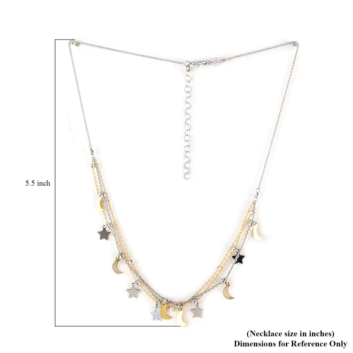 Silver and Gold Celestial Star and Moon Charms and Beaded Draped Layered Necklace 16 Inches in 14K Yellow Gold Over and Sterling Silver 4.50 Grams image number 3