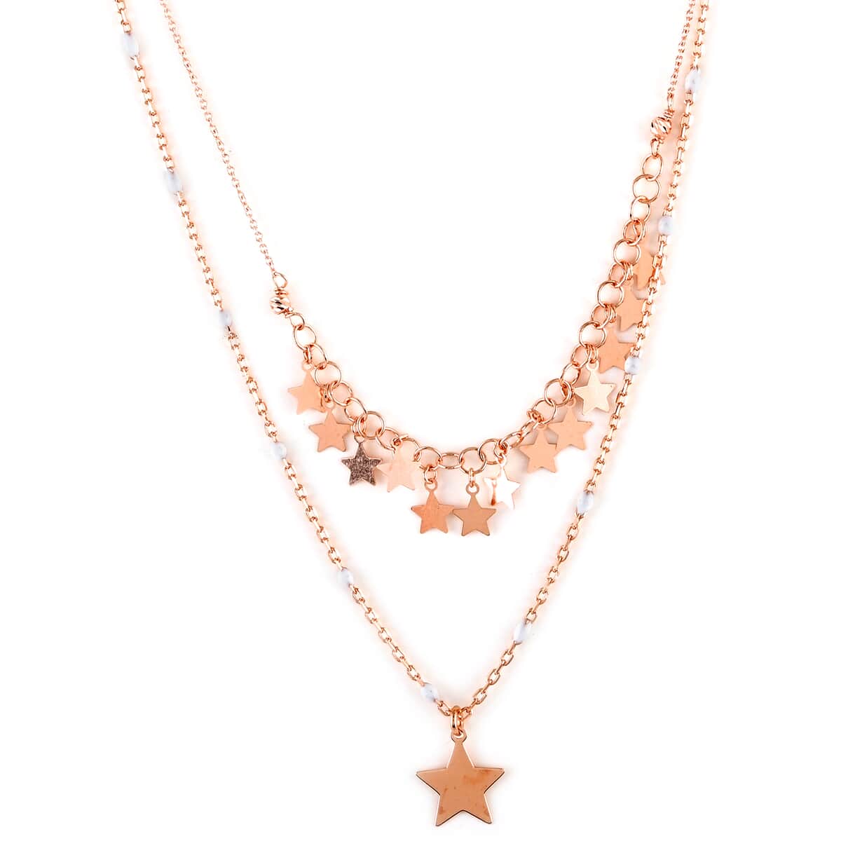 Celestial Stars and White Beaded Charm Layered Necklace (16 Inches) in 14K Rose Gold Over Sterling Silver 5.2 Grams image number 0