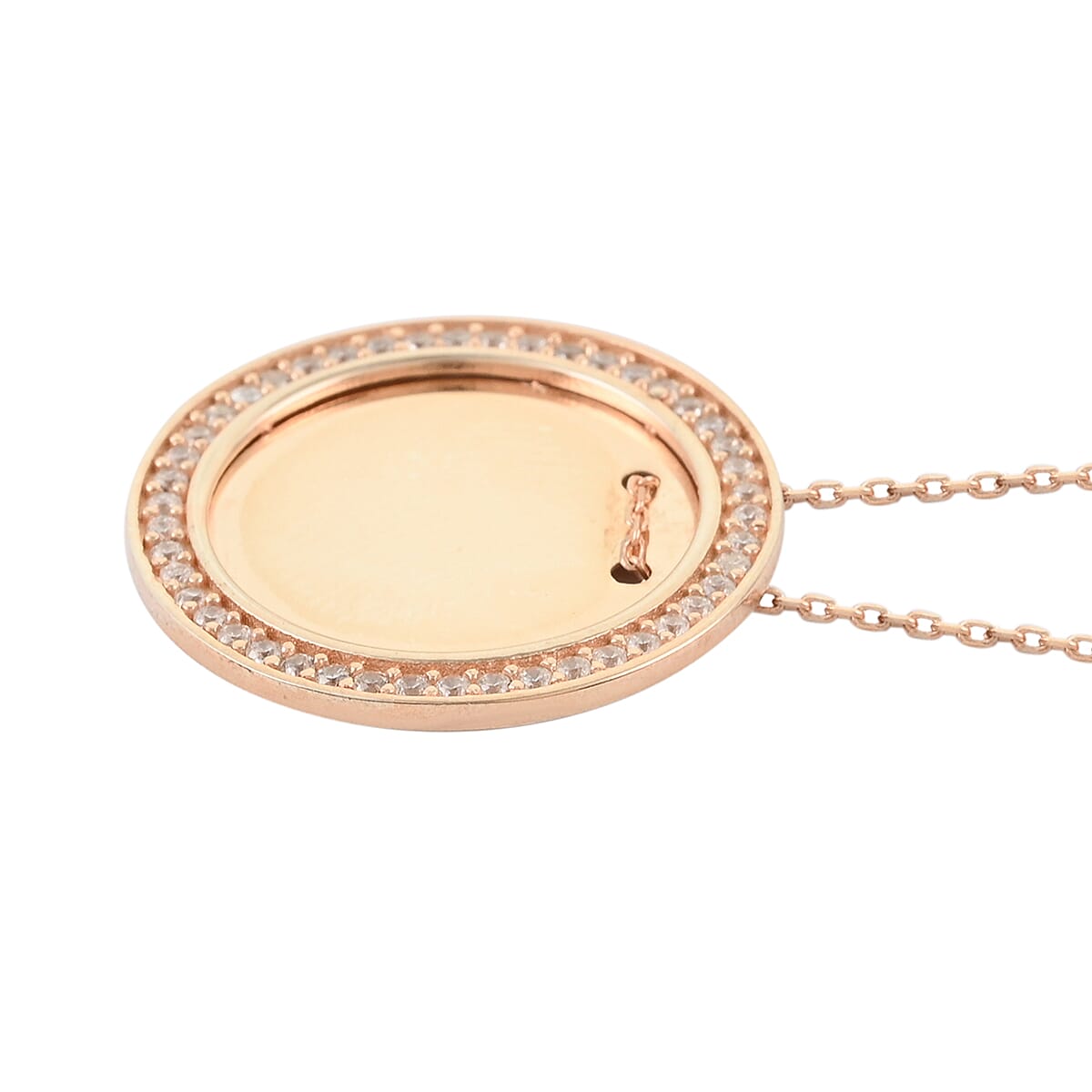 Simulated Diamond Round Mirror Studded Border Necklace 16 Inches in 14K Rose Gold Over Sterling Silver image number 2