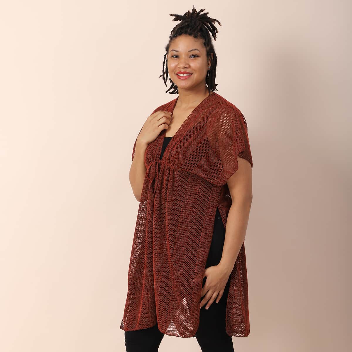 Jovie Burgundy Mesh Lurex Kimono Cover-up with Drawstring Tie , Mesh Kimono , Women Kimono , Drawstring Kimono , Open front Kimono image number 2