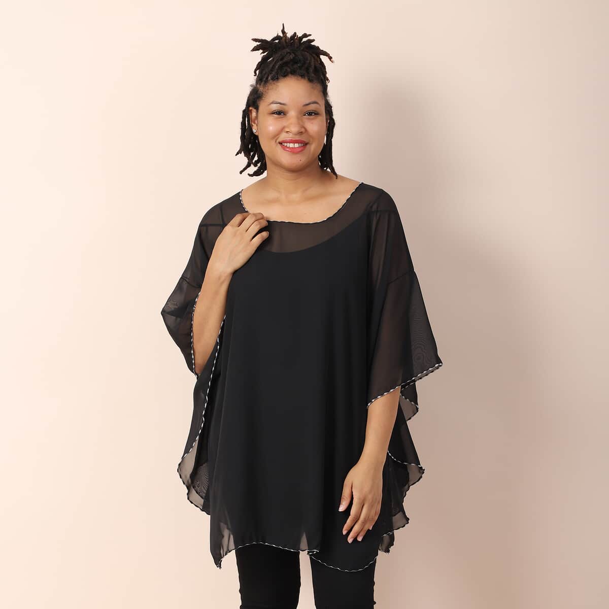 JOVIE Black Chiffon Kaftan with Contrast Hem and Neckline | Kaftan Top | Women's Top | Going Out Tops | Ladies Top | Blouses for Women image number 0