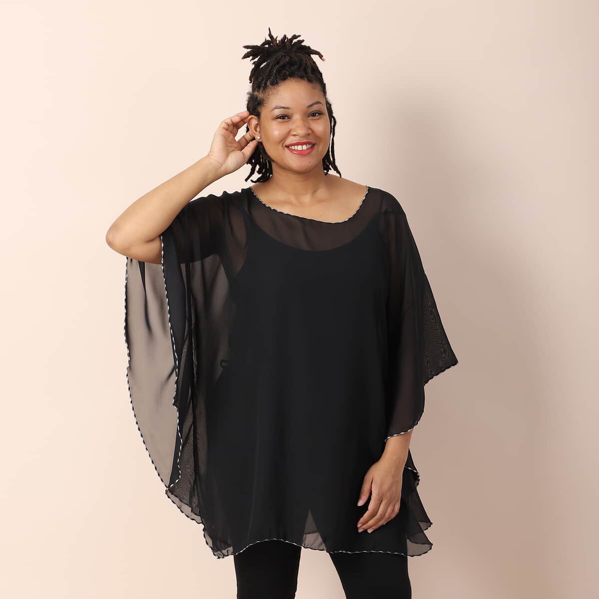 JOVIE Black Chiffon Kaftan with Contrast Hem and Neckline | Kaftan Top | Women's Top | Going Out Tops | Ladies Top | Blouses for Women image number 2