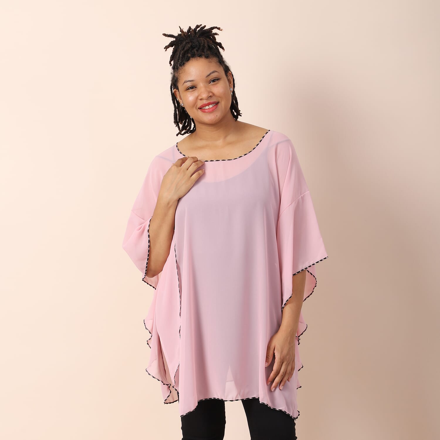JOVIE Pink Chiffon Kaftan with Contrast Hem Neckline Birthday Gifts - Picture 3 of 7
