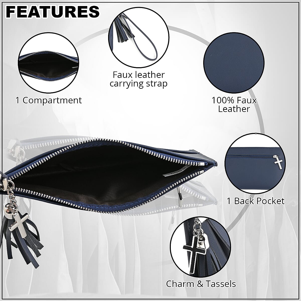 Navy Blue Faux Leather Wristlet Wallet with Lord's Prayer Engraved Detailing and Tassel Charm Zipper in Silvertone image number 1