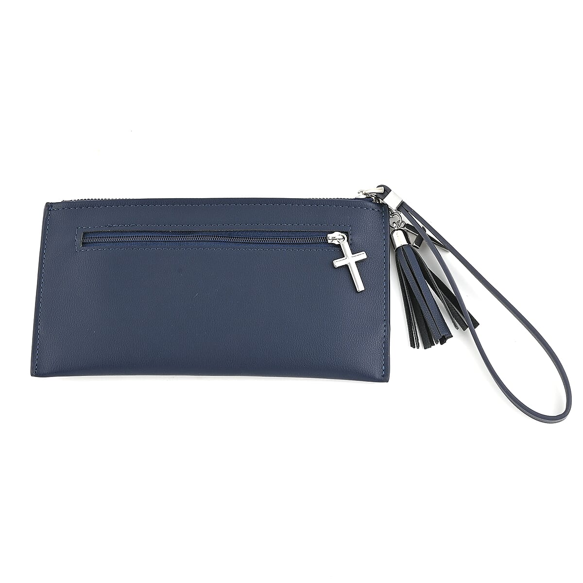 Navy Blue Faux Leather Wristlet Wallet with Lord's Prayer Engraved Detailing and Tassel Charm Zipper in Silvertone image number 2