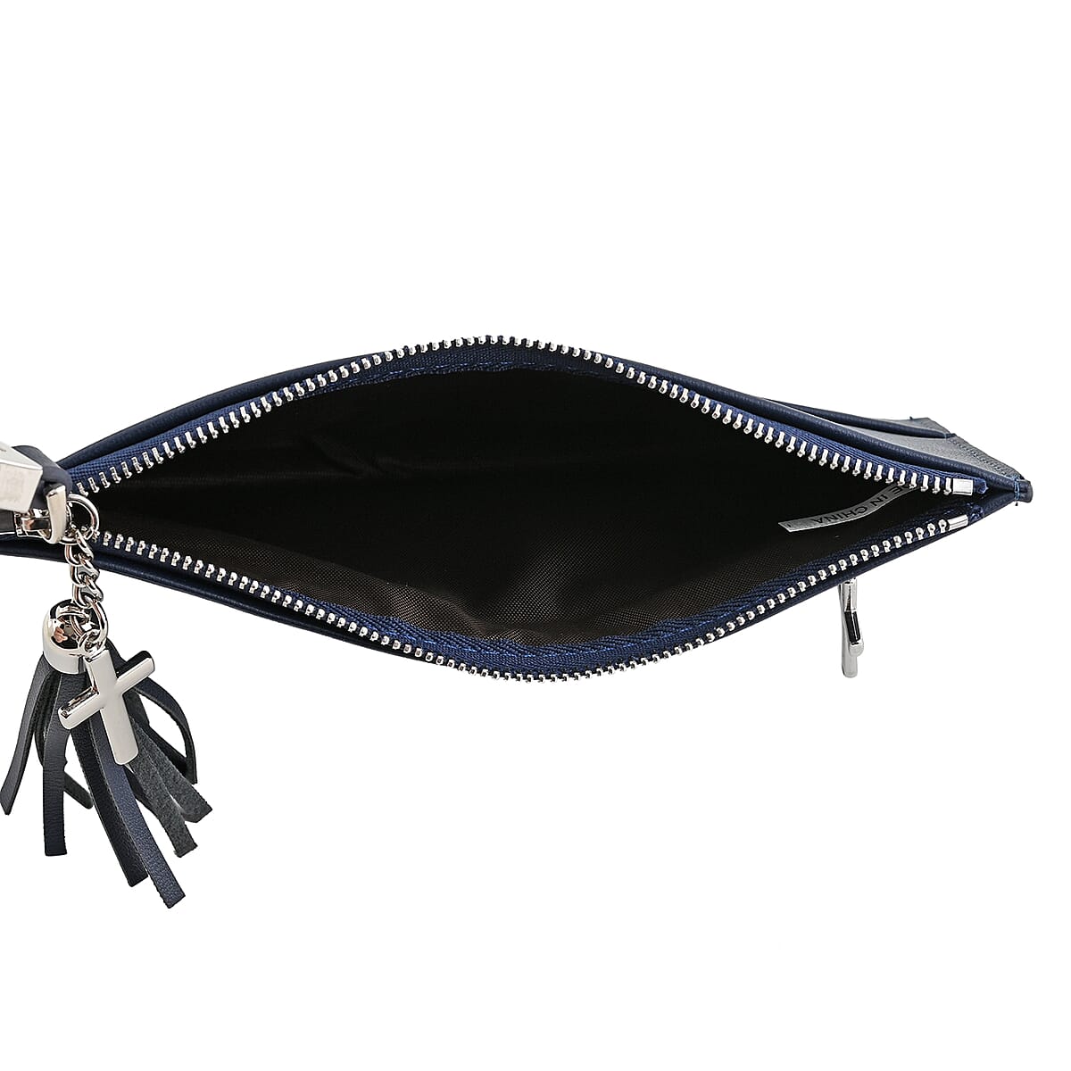 Navy Blue Faux Leather Wristlet Wallet with Lord's Prayer Engraved Detailing and Tassel Charm Zipper in Silvertone image number 3