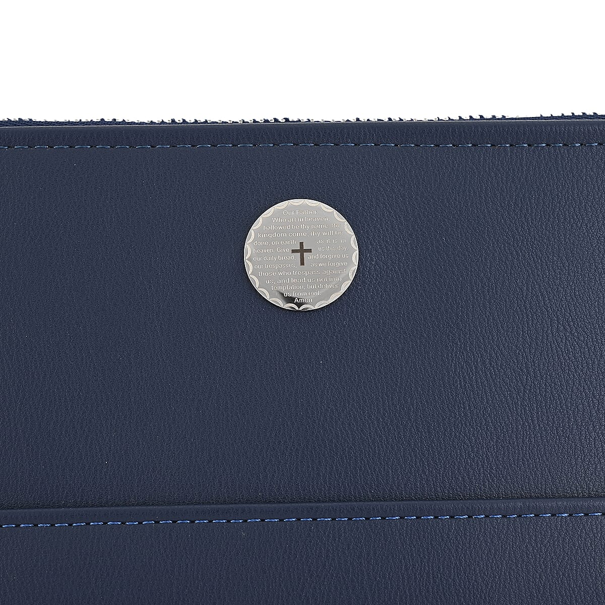 Navy Blue Faux Leather Wristlet Wallet with Lord's Prayer Engraved Detailing and Tassel Charm Zipper in Silvertone image number 4