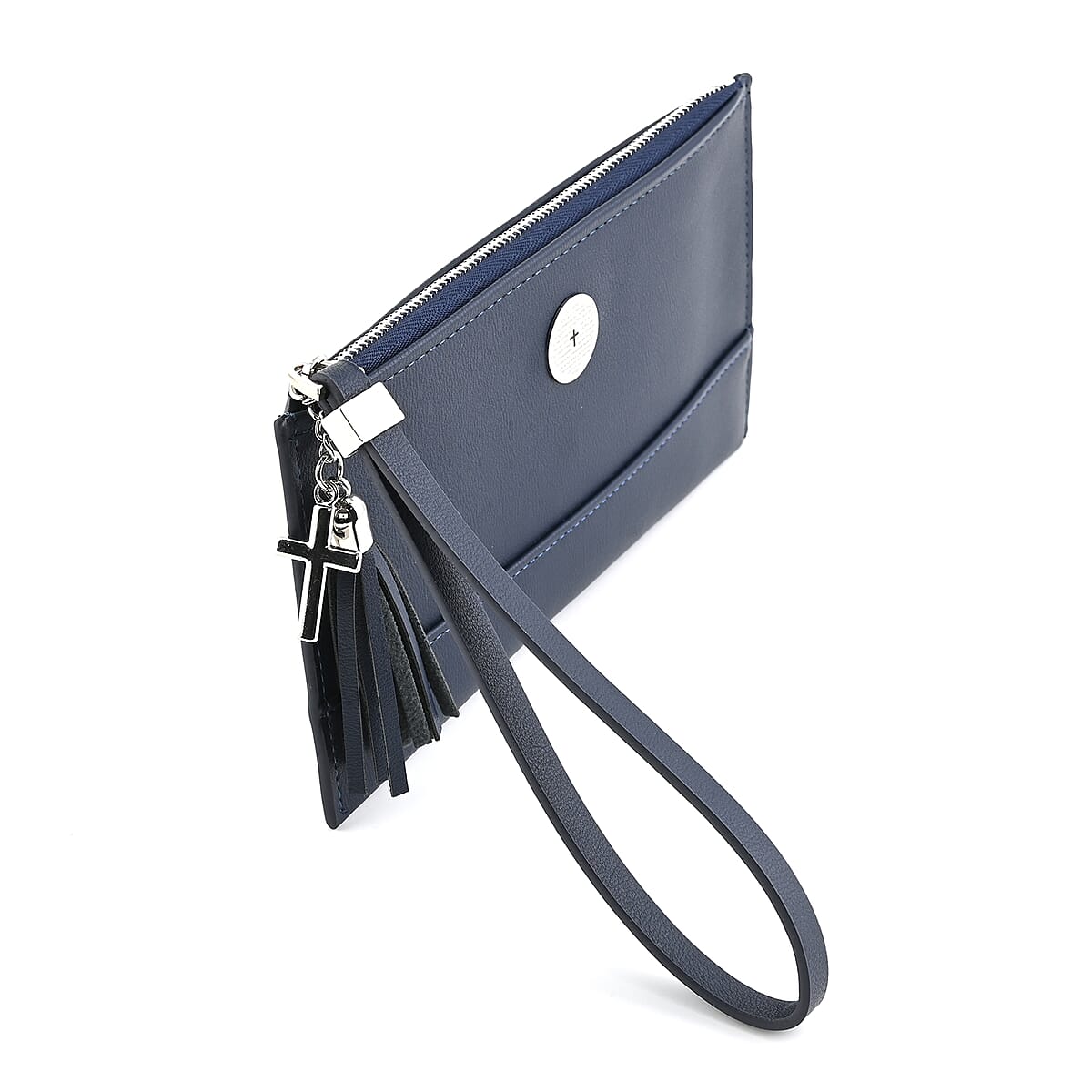 Navy Blue Faux Leather Wristlet Wallet with Lord's Prayer Engraved Detailing and Tassel Charm Zipper in Silvertone image number 6