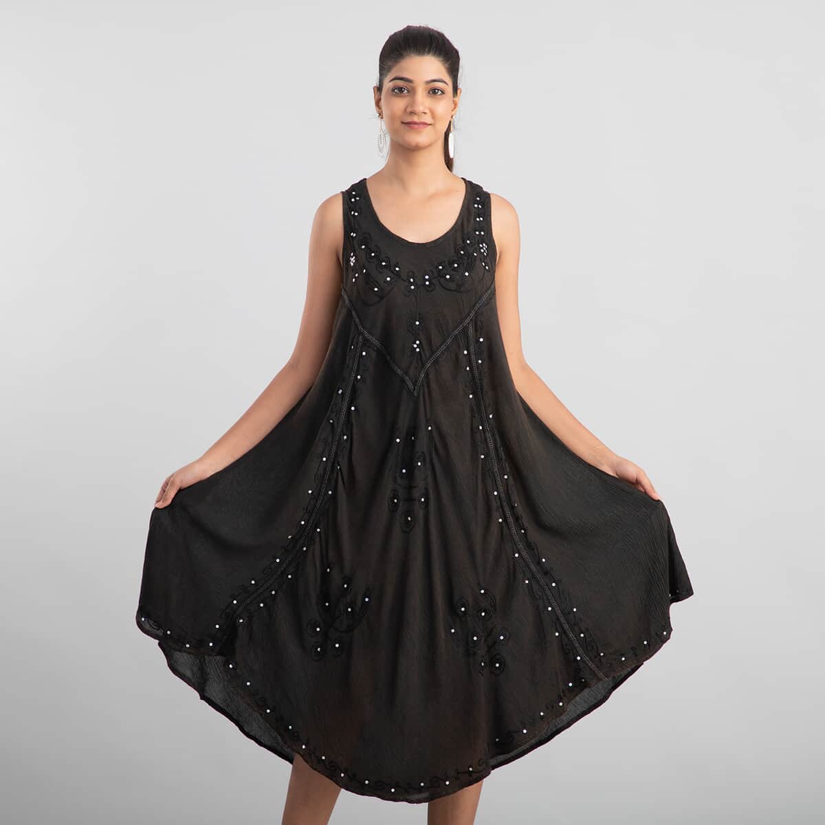 JOVIE Black Womenâ€™s Umbrella Dress with Sequin Floral Embroidery - One Size Missy (44"Lx23"W) image number 2