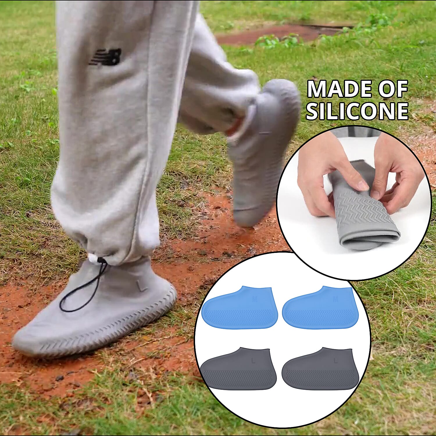 Set of 2 Gray and Blue Anti-slip Waterproof Silicone Shoe Covers - L/M