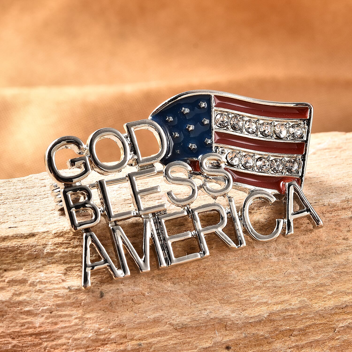 White Austrian Crystal US Flag Brooch in Silvertone