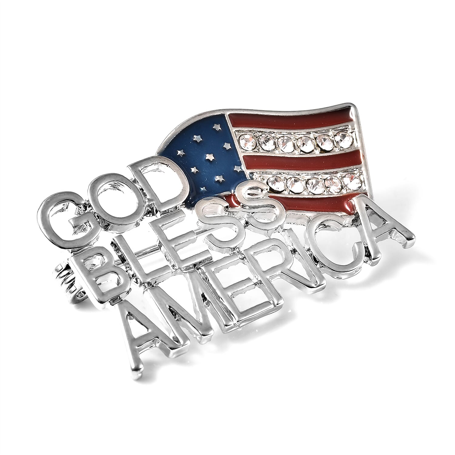 White Austrian Crystal US Flag Brooch in Silvertone