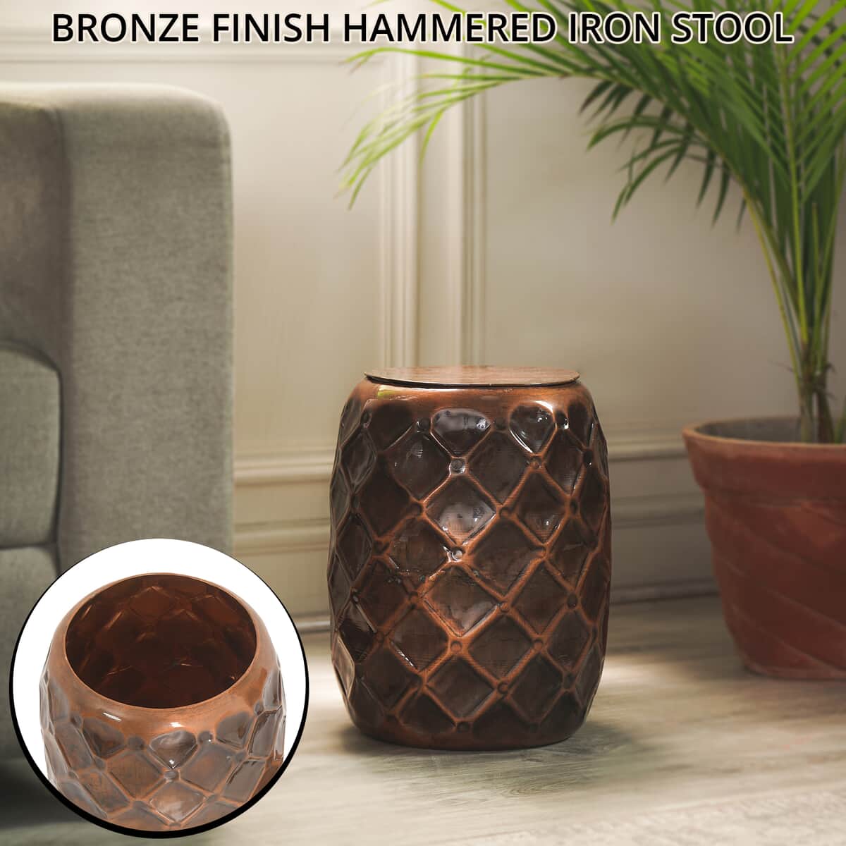 Bronze Finish Diamond Pattern Iron Stool with Storage 5.5 lbs image number 1