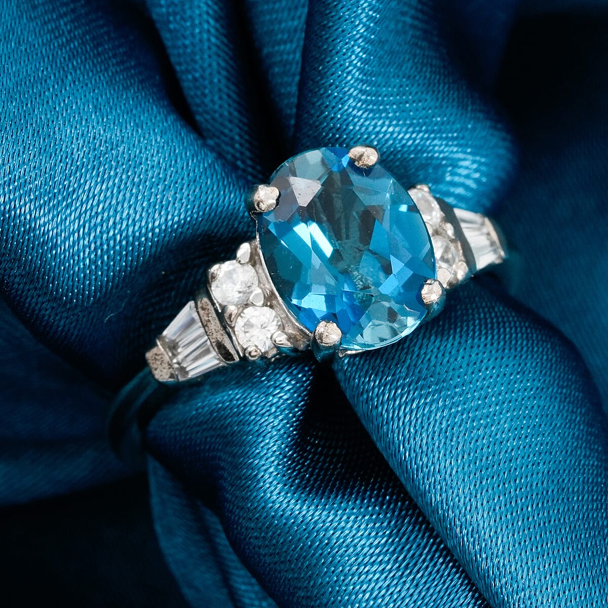 London Blue Topaz and Natural White Zircon Ring in Platinum Over Sterling Silver (Size 6.0) 2.50 ctw image number 1
