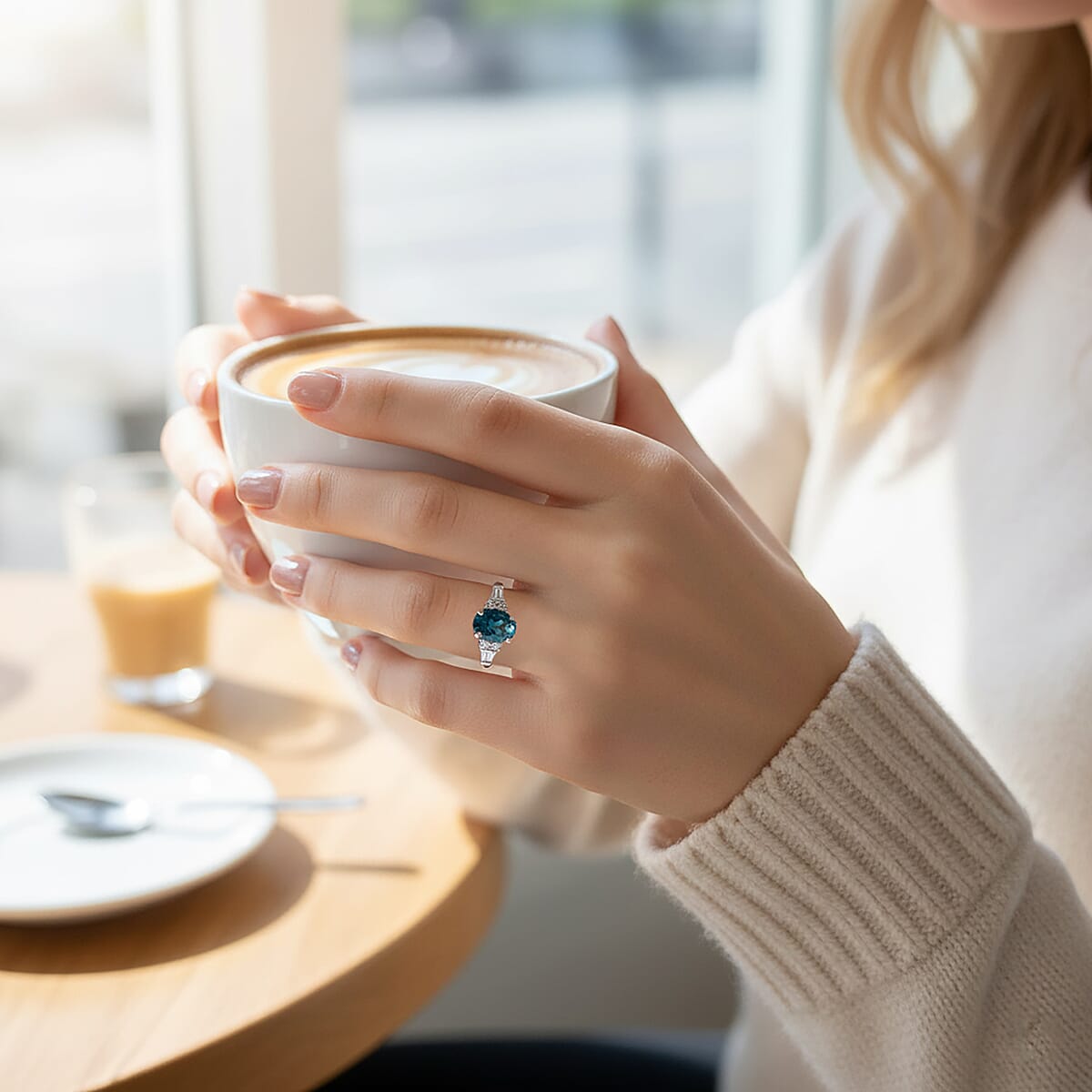 London Blue Topaz and Natural White Zircon Ring in Platinum Over Sterling Silver (Size 6.0) 2.50 ctw image number 2