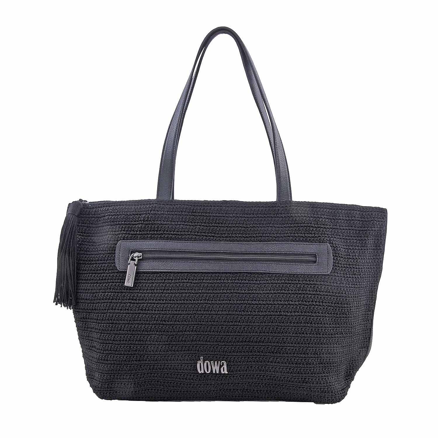 Dowa Black 100% Nylon with Leather Handwoven Tote Bag