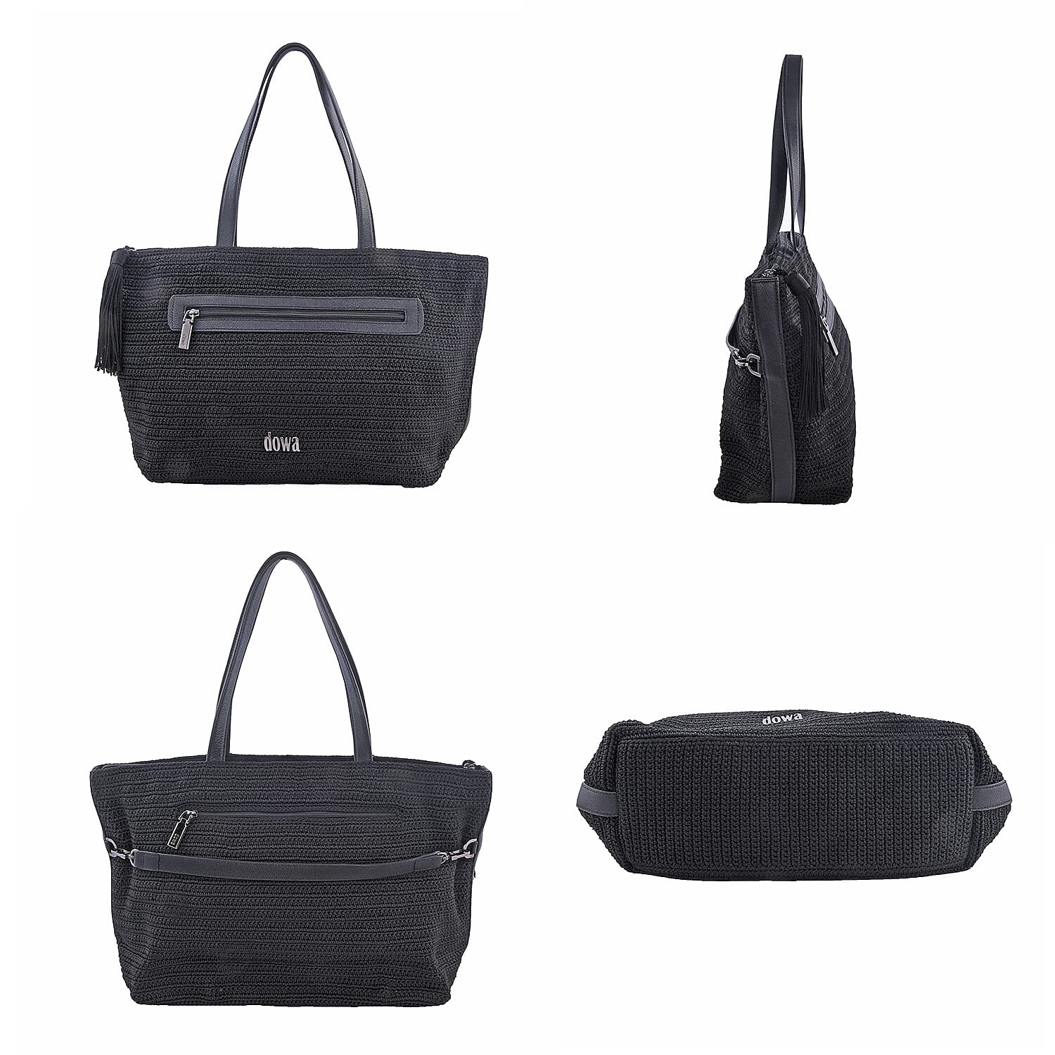 Dowa Black 100% Nylon with Leather Handwoven Tote Bag