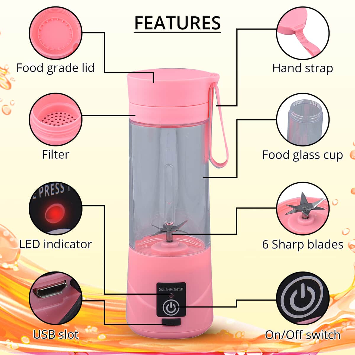Pink Portable and Rechargeable Battery Juice USB Blender (380ml) image number 2