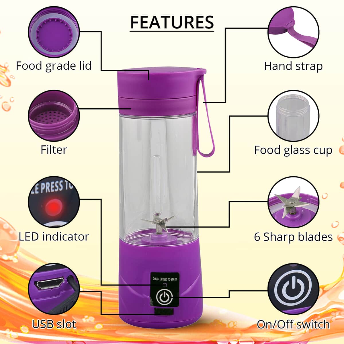 Purple Portable and Rechargeable Battery Juice USB Blender (380ml) image number 2