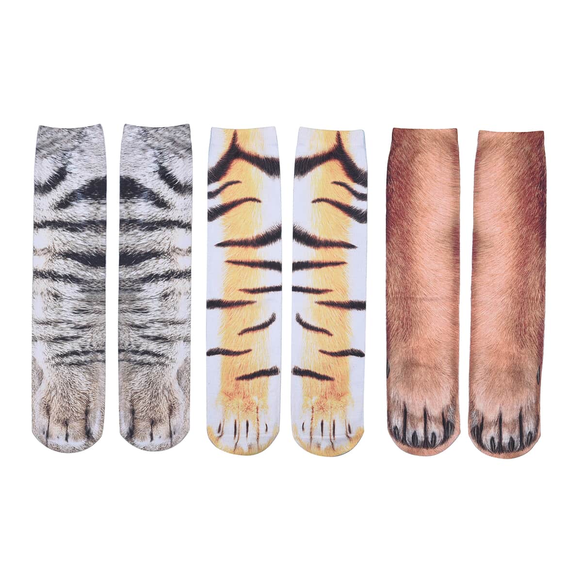 Set of 3 Multi Color 95% Polyester and 5% Spendex Tiger, Cats & Dog Paw Socks (3.54x15.75) image number 0