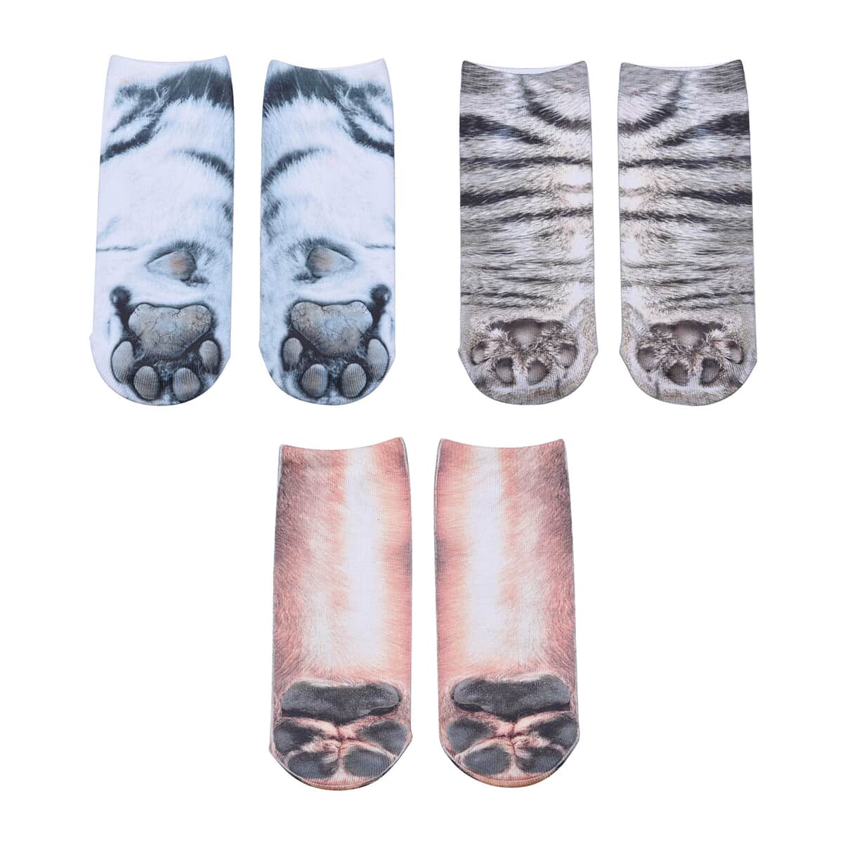 Set of 3 Multi Color 95% Polyester and 5% Spandex Tiger, Cats & Dog Paw Pattern Socks image number 6