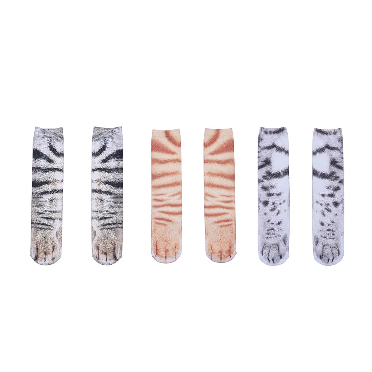 Set of 3 Multi Color 95% Polyester and 5% Spandex Tiger, White Tiger & Cats Paw Pattern Socks image number 0