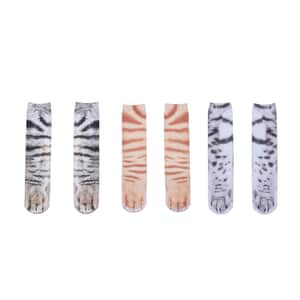 Set of 3 Multi Color 95% Polyester and 5% Spandex Tiger, White Tiger & Cats Paw Pattern Socks