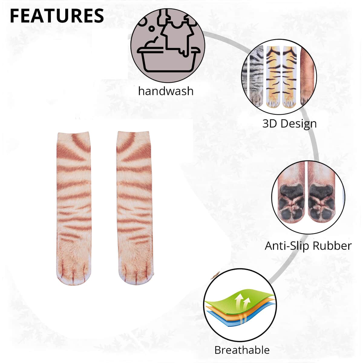 Set of 3 Multi Color 95% Polyester and 5% Spandex Tiger, White Tiger & Cats Paw Pattern Socks image number 1