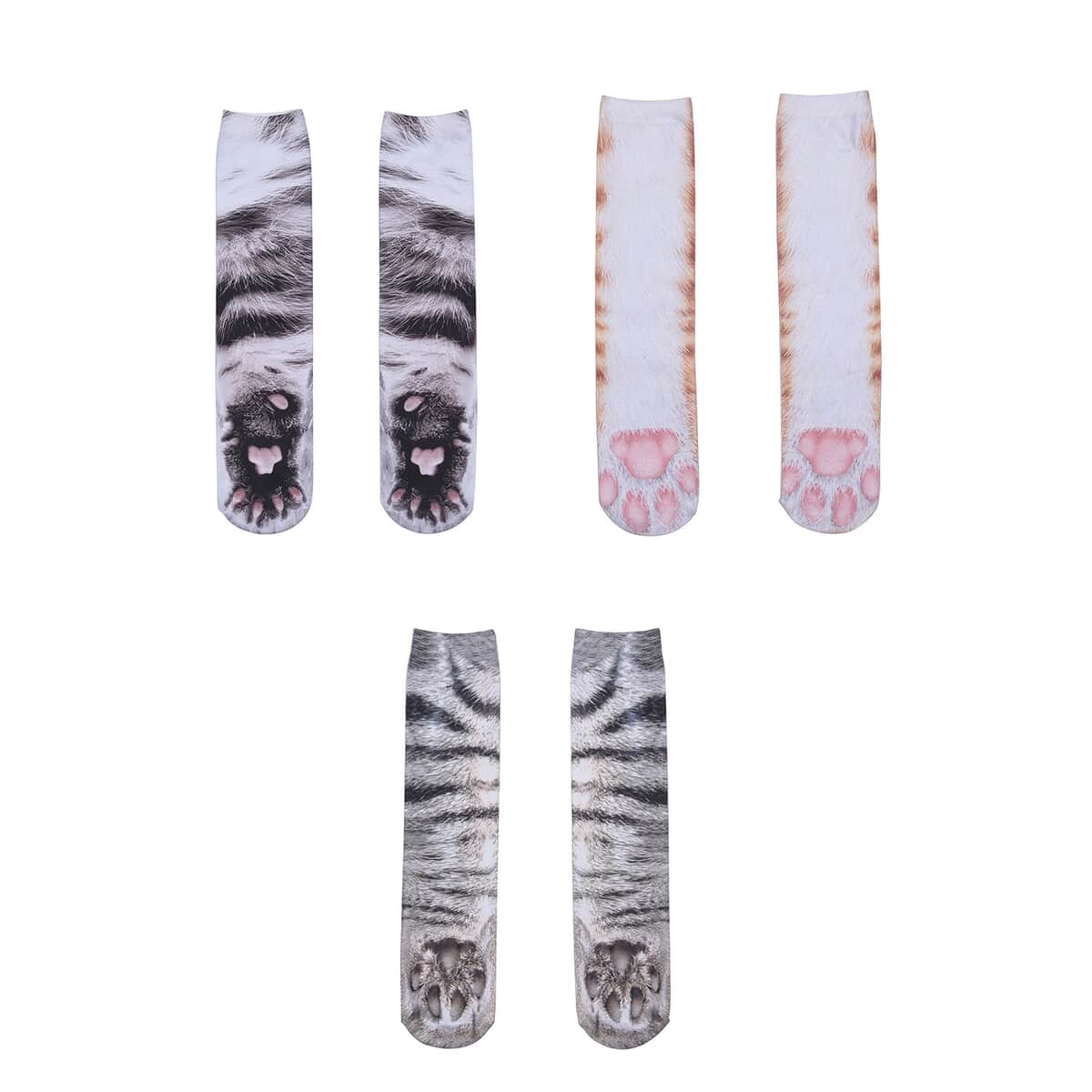 Set of 3 Multi Color 95% Polyester and 5% Spandex Tiger, White Tiger & Cats Paw Pattern Socks image number 6