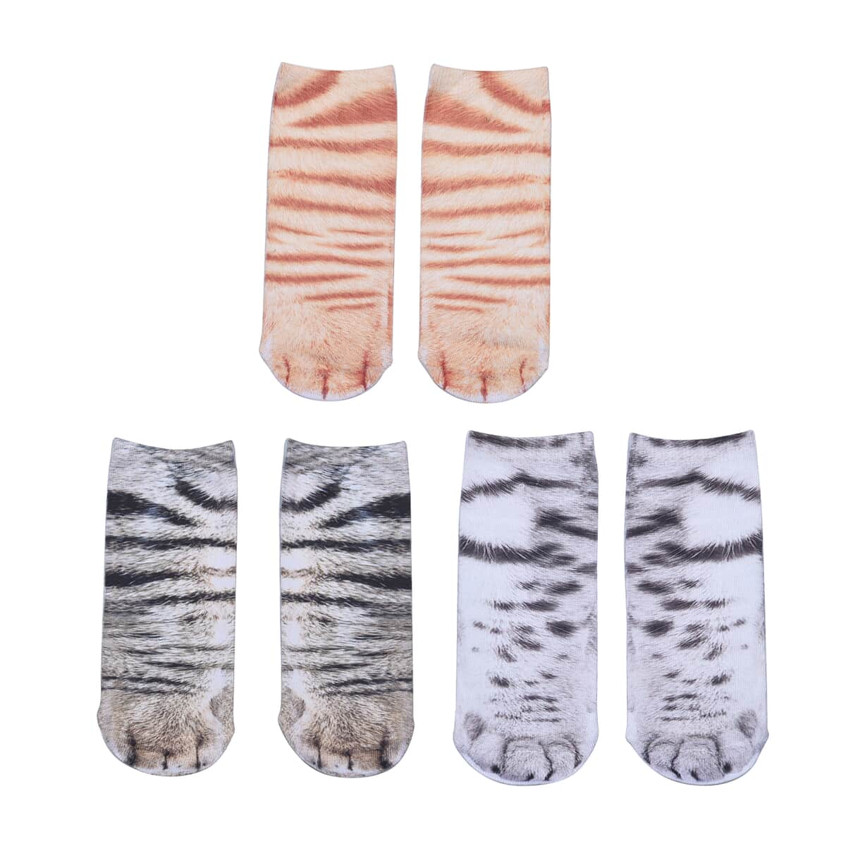 Set of 3 Multi Color 95% Nylon and 5% Spandex Tiger, White Tiger & Cats Paw Socks image number 0