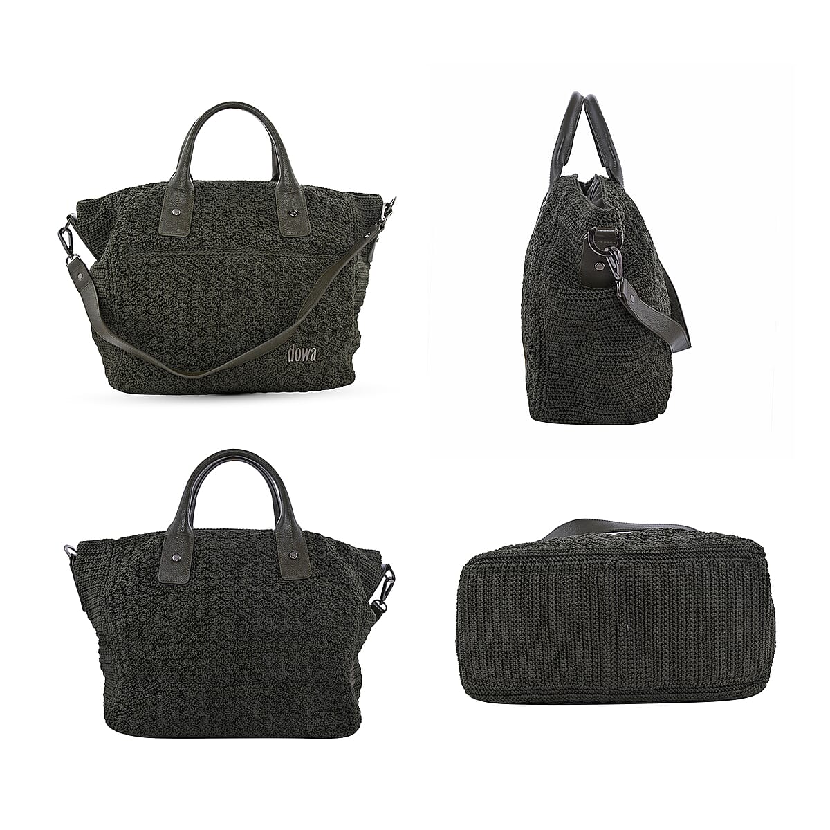 DOWA Dark Green 100% Nylon with Leather Handwoven Tote Bag image number 1