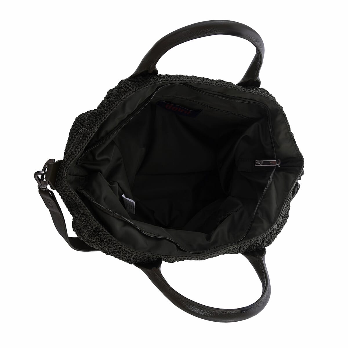 DOWA Dark Green 100% Nylon with Leather Handwoven Tote Bag image number 2