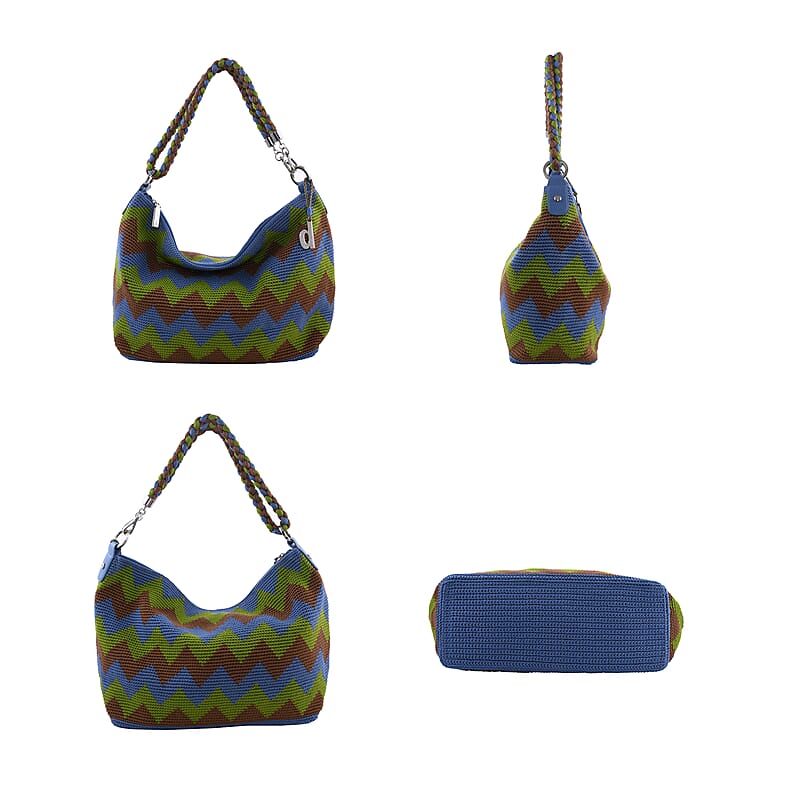DOWA Blue, Green and Brown 100% Nylon Handwoven Shoulder Bag