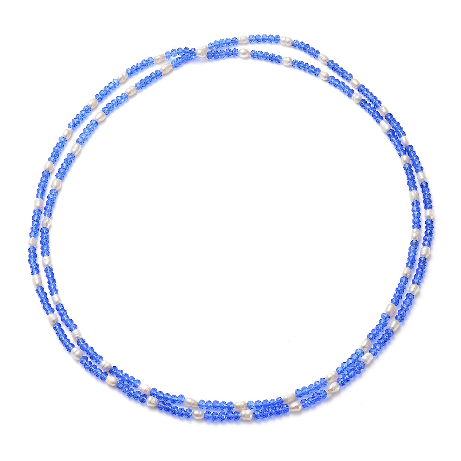 Simulated Blue Diamond and Freshwater White Cultured Pearl Beaded Endless Necklace 48 Inches